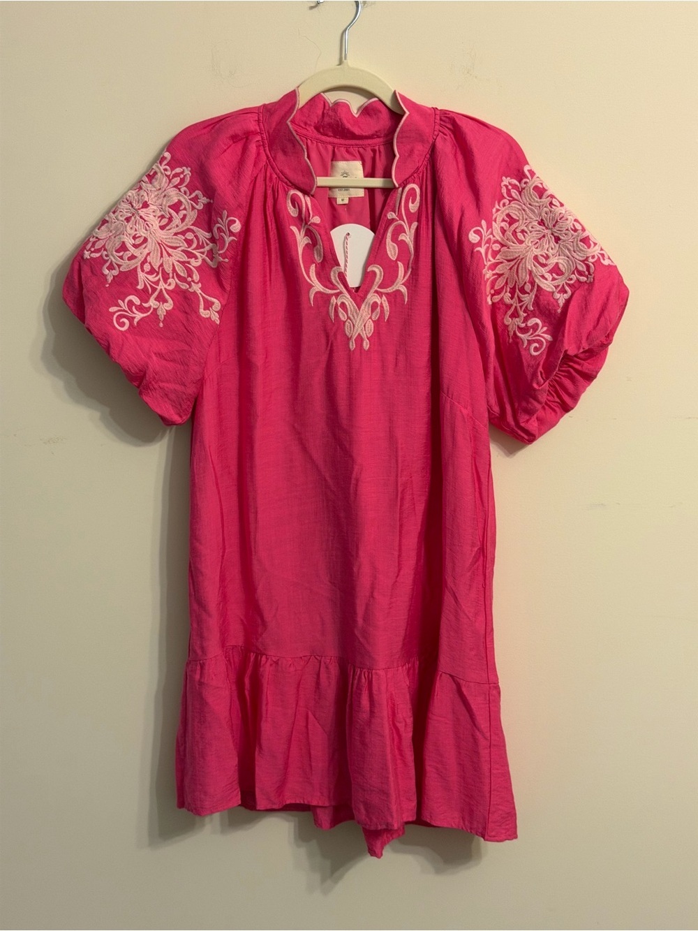 Umgee Hot Pink Embroidered Puff Sleeve Mini Dress - Picture 3 of 4